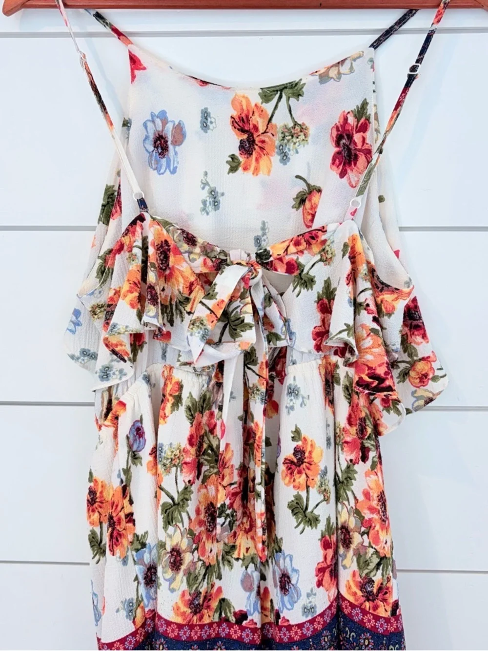Blue Rain Floral Ruffle Romper Boho Cottagecore Tie Back Prairie Girl Summer M